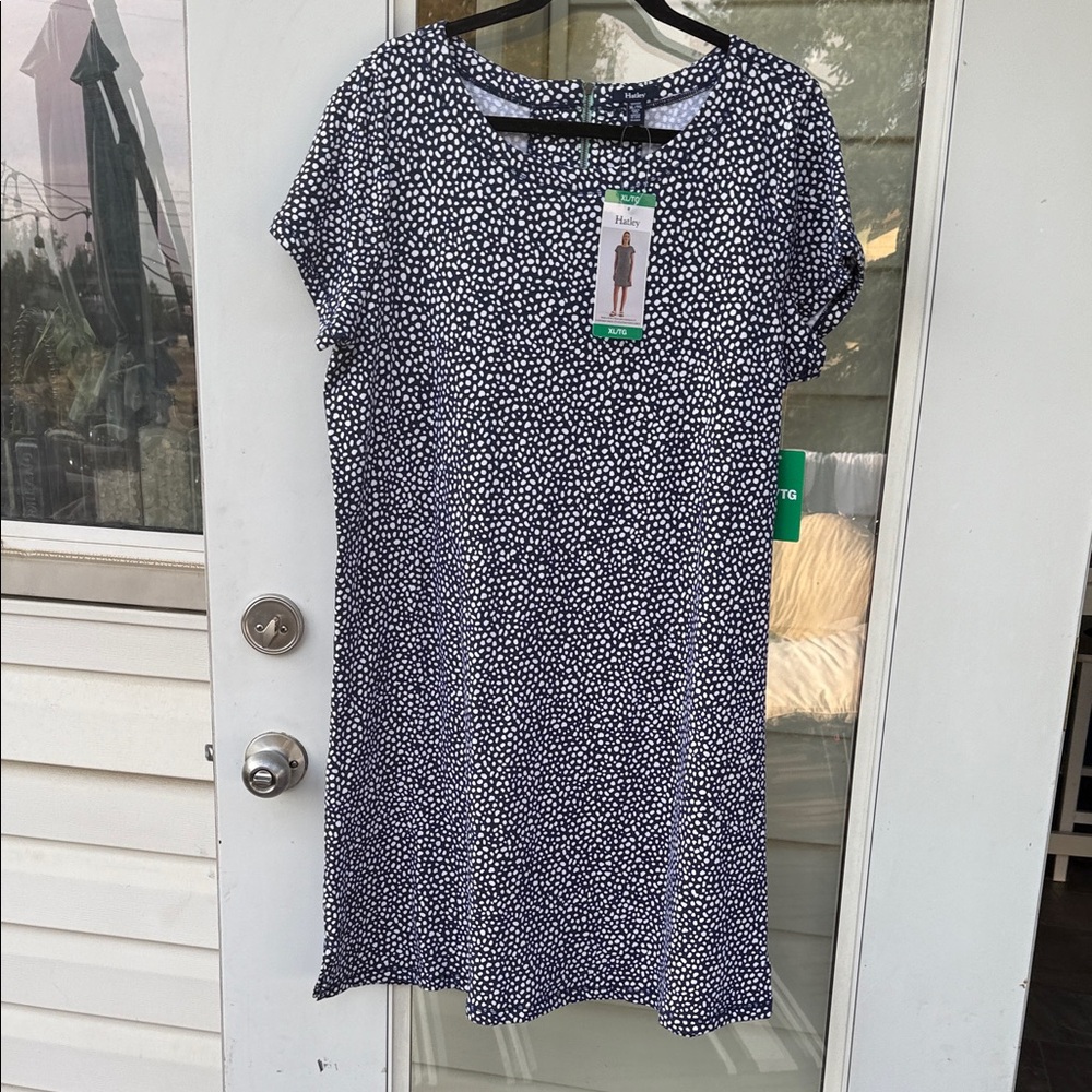 HATLEY size XL NWT navy blue polkadot dress bracelets inside and zip neck